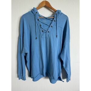 Aerie Women’s Oversized Blue Sweatshirt, Size Small Lace Up long sleeve lounge